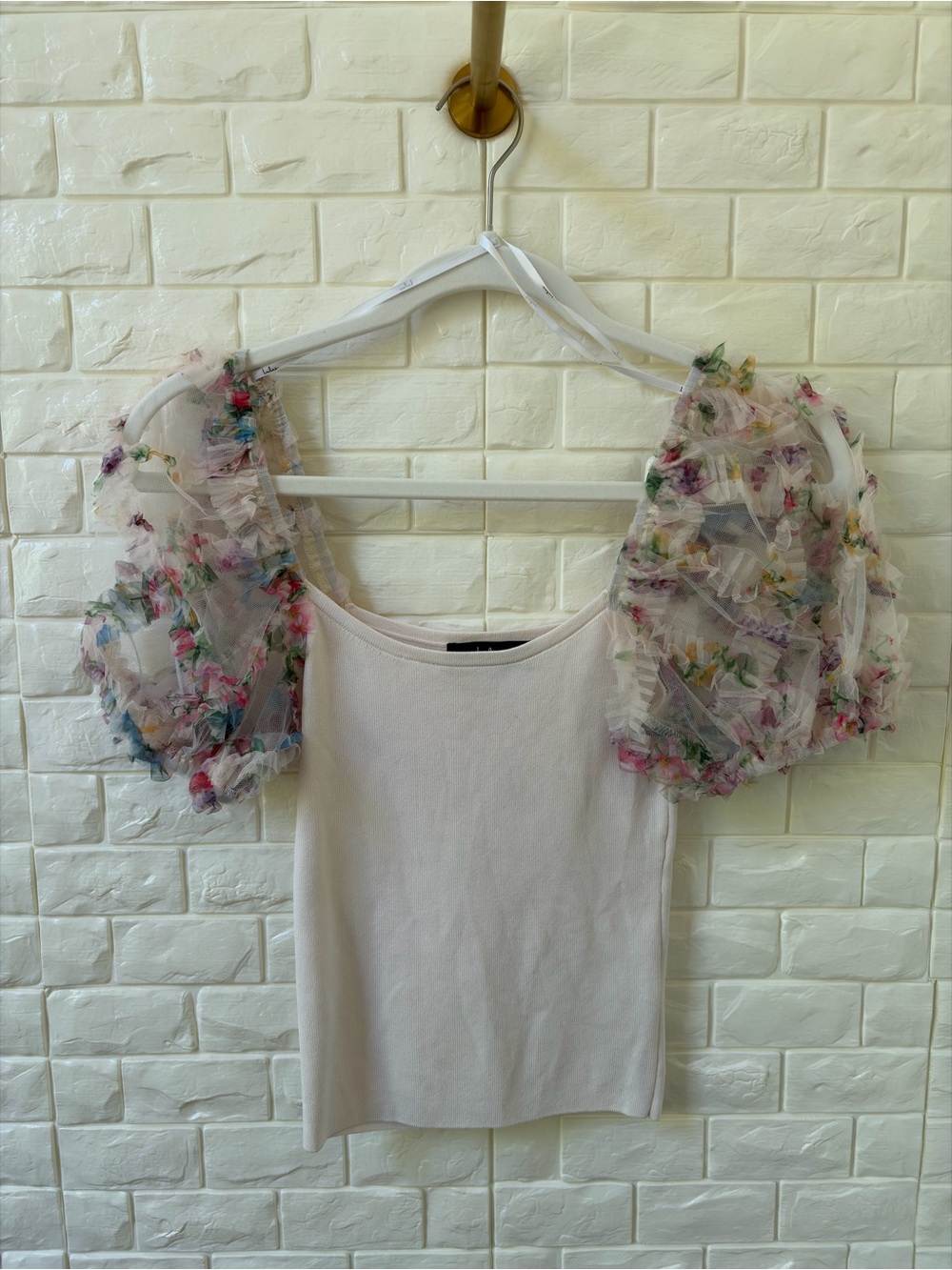 Lulu's Pale Pink Tank Top with Floral Puff Sleeves